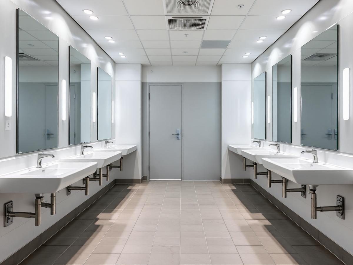 Commercial washroom cleaned and restocked